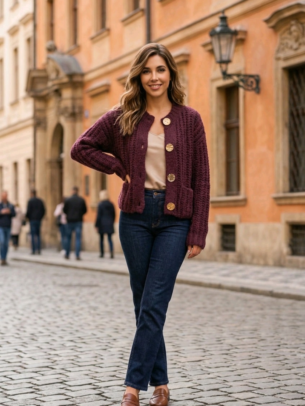 Chunky Knit Cardigan with Gold Buttons - Wine - Picture 9 of 9